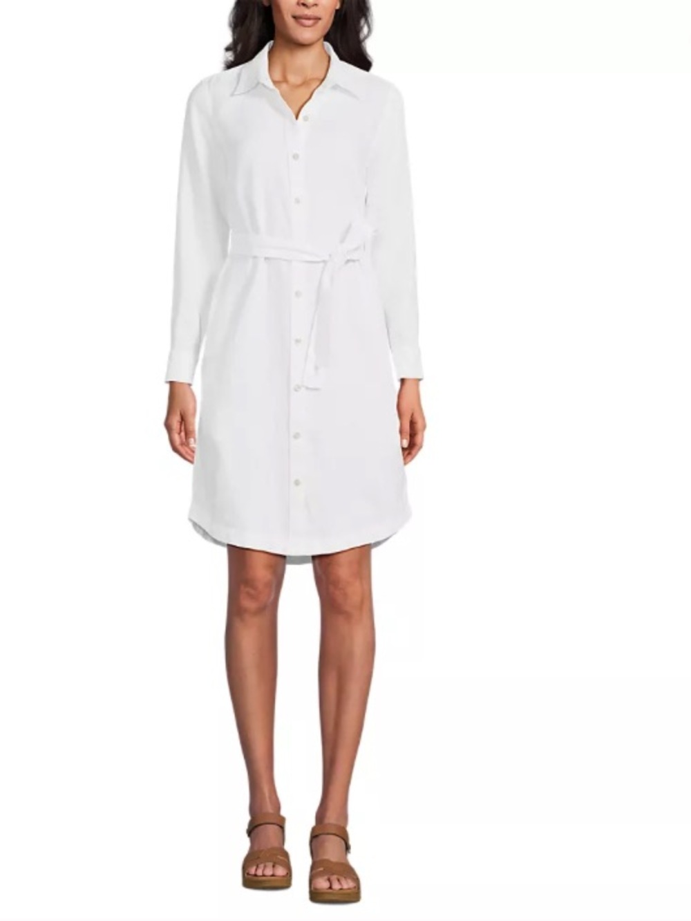 Lands’ End EUC 100% Linen Classic White Long-Sleeve Shirt Dress with Waist Tie